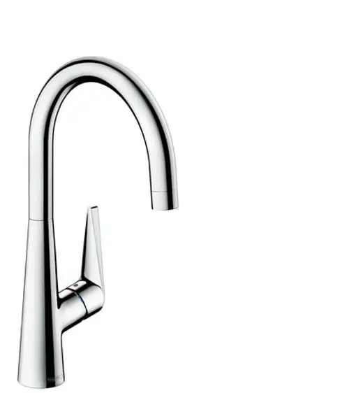 Hansgrohe Spültischmischer in chrom, mit einem hohen Bogen. Der Bedienhebel befindet sich seitlich am Körper des Mischers. Ideal für Küchenanwendungen.